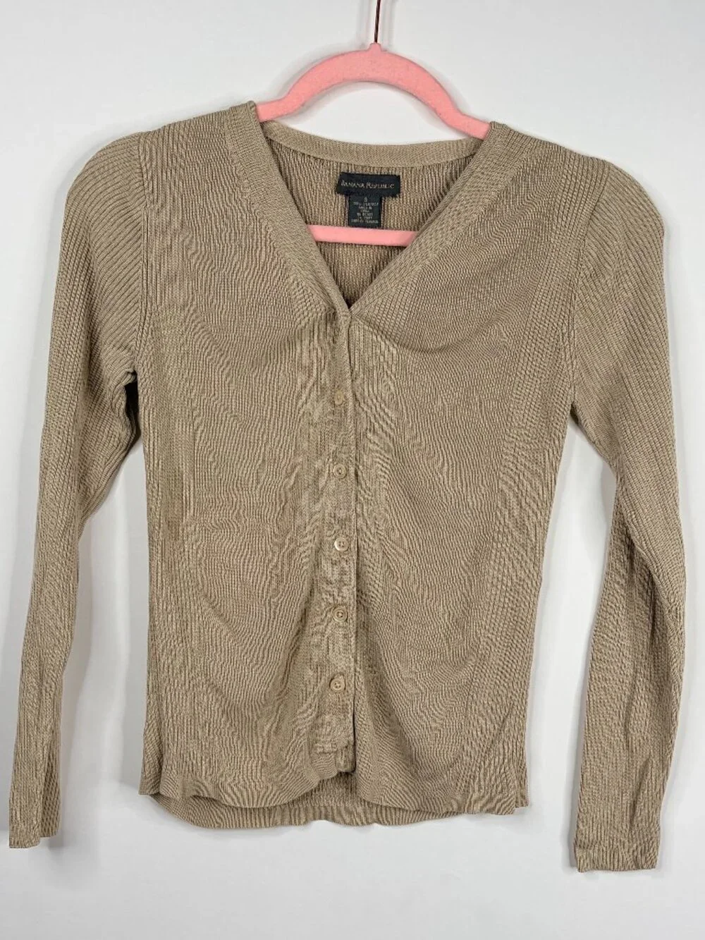 2/$30 Banana Republic Rib Knit Silk V-Neck Cardigan Tan Small #A2283